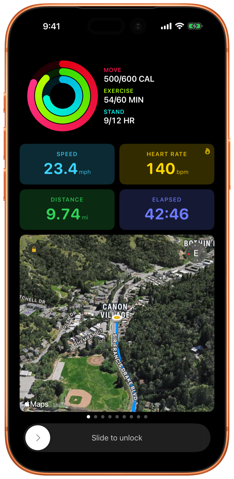 A data screen showing the Activity Rings field alongside speed, heart rate, distance, elapsed time, and a live map, in dark mode.